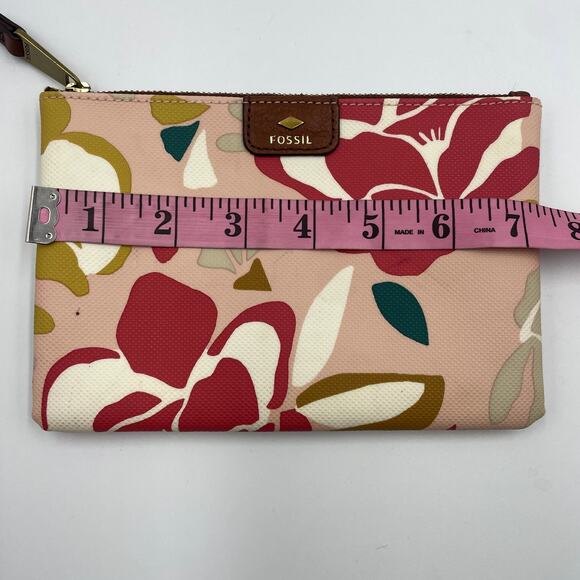 Fossil Wristlet Wallet Pink Floral Zip Around Card Wallet Leather Trim - Picture 7 of 8